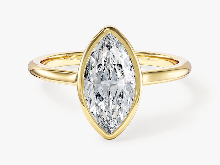 Marquise lab grown diamond bezel set solitaire engagement ring in yellow gold, front view
