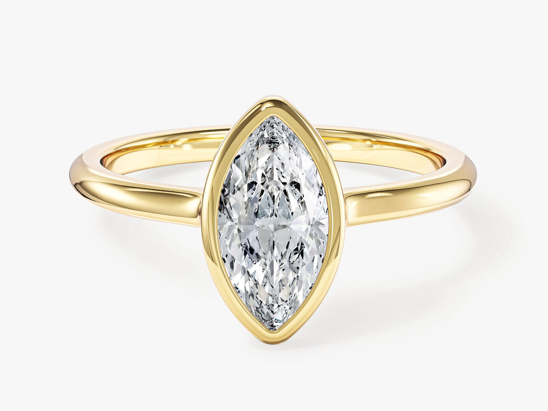 Marquise cut lab grown diamond full bezel navette solitaire engagement ring in yellow gold, front view