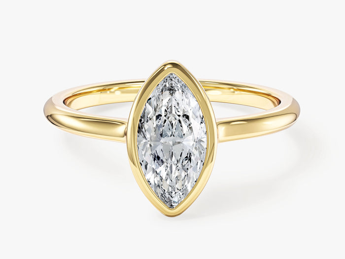 Marquise cut lab grown diamond full bezel navette solitaire engagement ring in yellow gold, front view