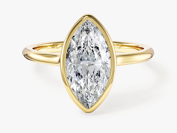 North south marquise lab grown diamond bezel engagement ring in yellow gold, front view