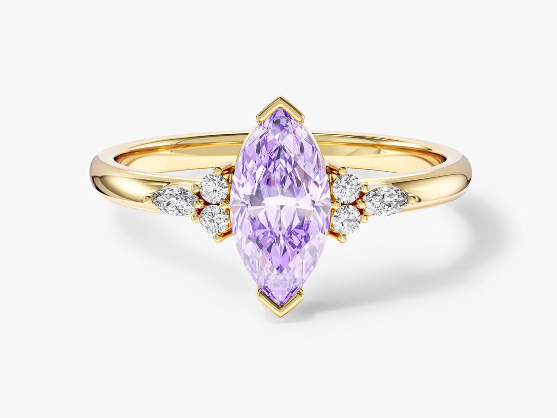 Marquise moissanite V tip engagement ring with side clusters in 14K yellow gold, lavender display stone