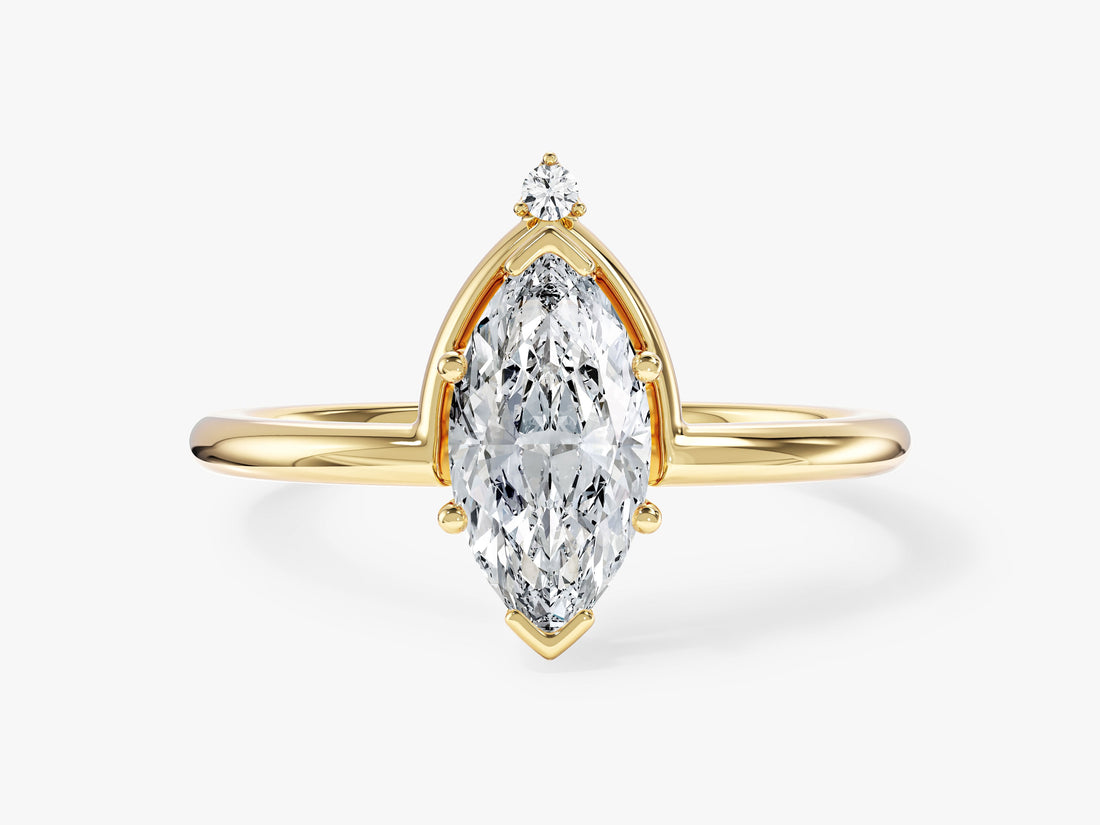 Marquise lab grown diamond crown engagement ring with arched frame in yellow gold, front view