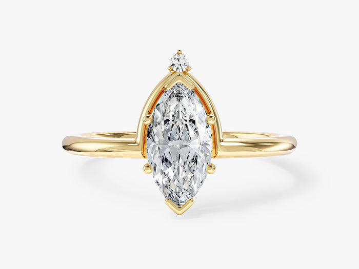 Marquise lab grown diamond crown engagement ring with arched frame in yellow gold, front view