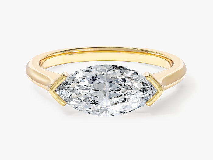 East west marquise lab grown diamond engagement ring with half bezel tips in yellow gold, front view