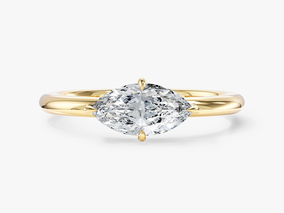 Marquise lab grown diamond east west solitaire engagement ring in yellow gold, front view