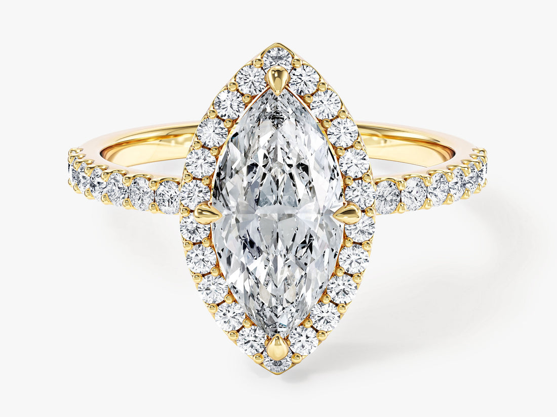 Marquise lab grown diamond engagement ring with diamond halo and micro pave shoulders in yellow gold
