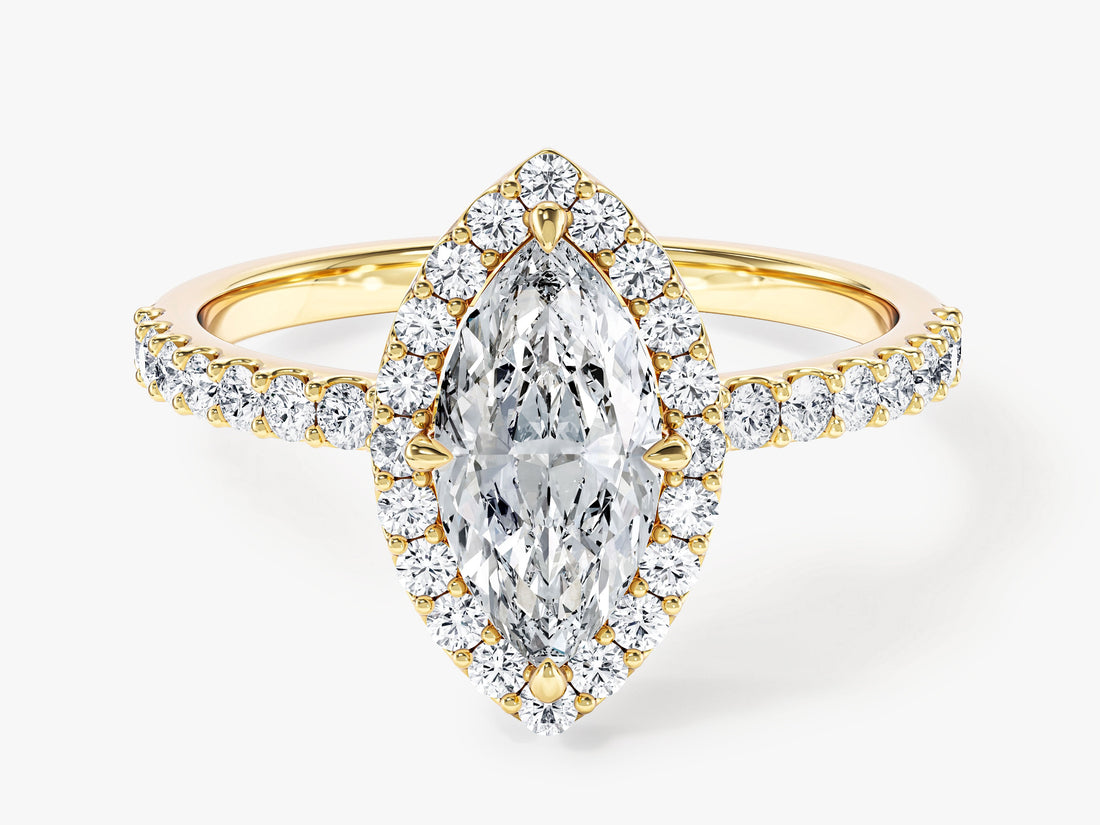 Marquise cut moissanite halo engagement ring with pave band in 14K yellow gold, front view