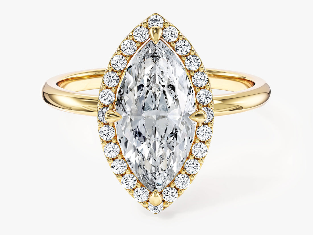 Marquise lab grown diamond halo engagement ring with plain polished band in yellow gold, front view