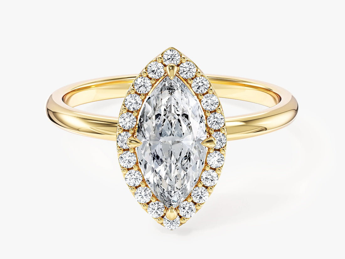 Navette marquise lab grown diamond pave halo engagement ring with thin plain band in yellow gold, front view