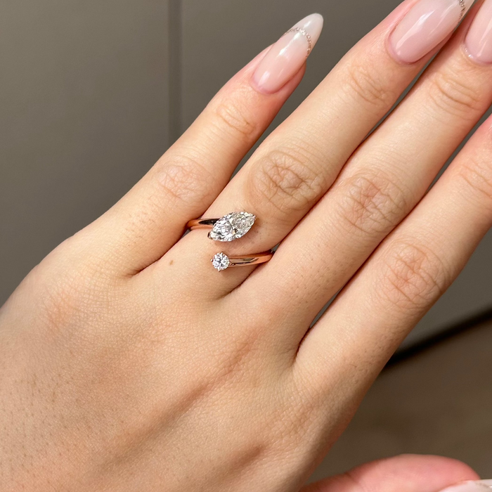 Marquise and round moissanite open shank toi et moi engagement ring in rose gold, view 2