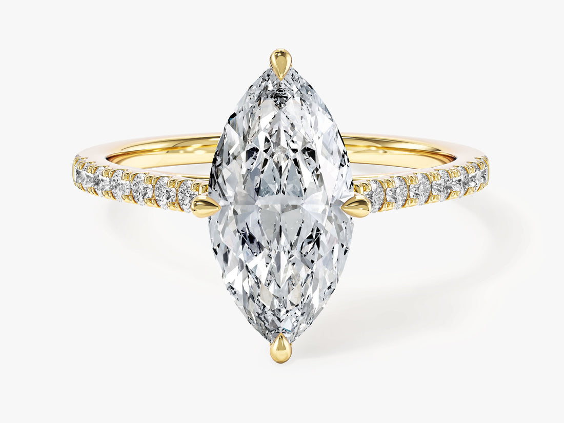 Marquise lab grown diamond engagement ring with pave band in yellow gold, front view