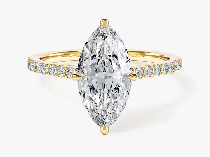 Marquise lab grown diamond engagement ring with pave band in yellow gold, front view