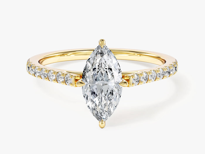 Dainty marquise lab grown diamond half pave engagement ring in yellow gold, front view