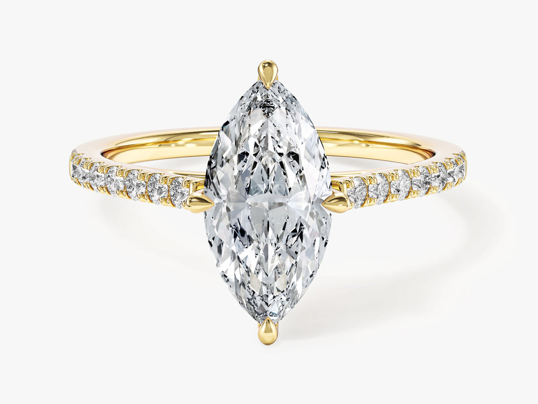 Marquise moissanite pave solitaire engagement ring with V tip prongs in 14K yellow gold, front view