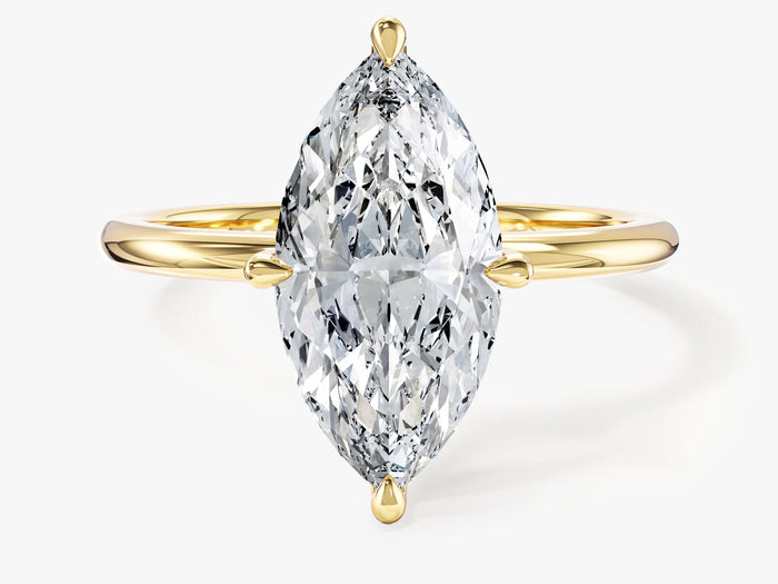 Marquise lab grown diamond navette solitaire engagement ring in yellow gold, front view