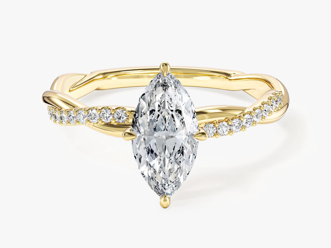 Marquise moissanite twisted pave band engagement ring in 14K yellow gold, front view