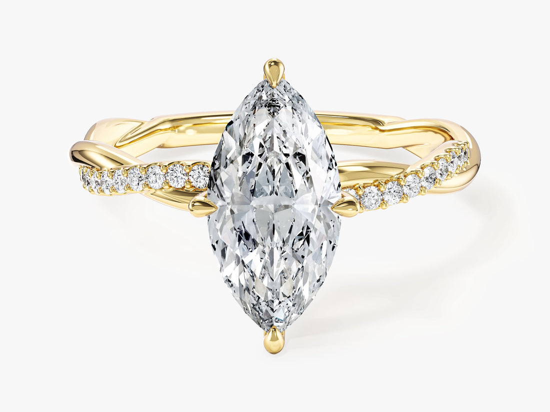 Marquise moissanite braided pave engagement ring with half pave twist band in 14K yellow gold, front view