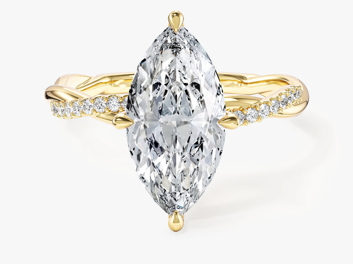 Large marquise moissanite statement engagement ring with twisted micro pave band in 14K yellow gold, front view