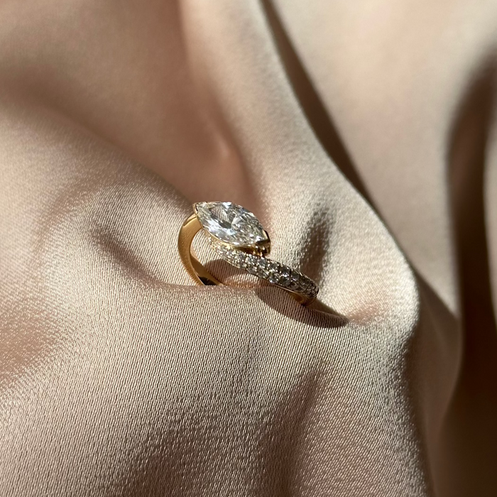East west marquise moissanite twisted pave engagement ring in rose gold, view 2