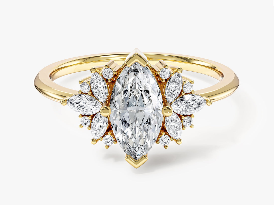 Marquise moissanite starburst cluster engagement ring with chevron prongs in 14K yellow gold, front view