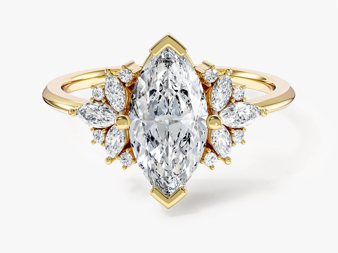 Marquise lab grown diamond vintage cluster engagement ring in yellow gold, front view with V prong tips