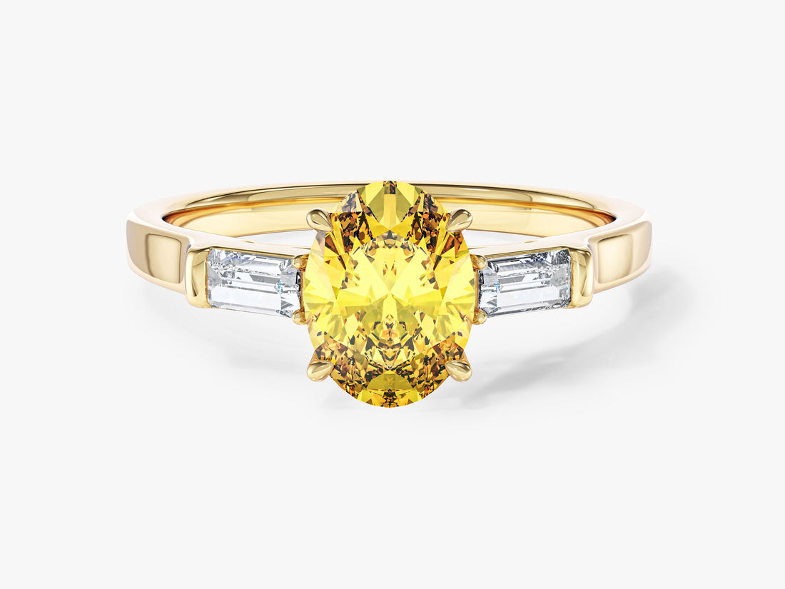 Oval moissanite three stone engagement ring setting with baguette side stones in 14K yellow gold, yellow display stone