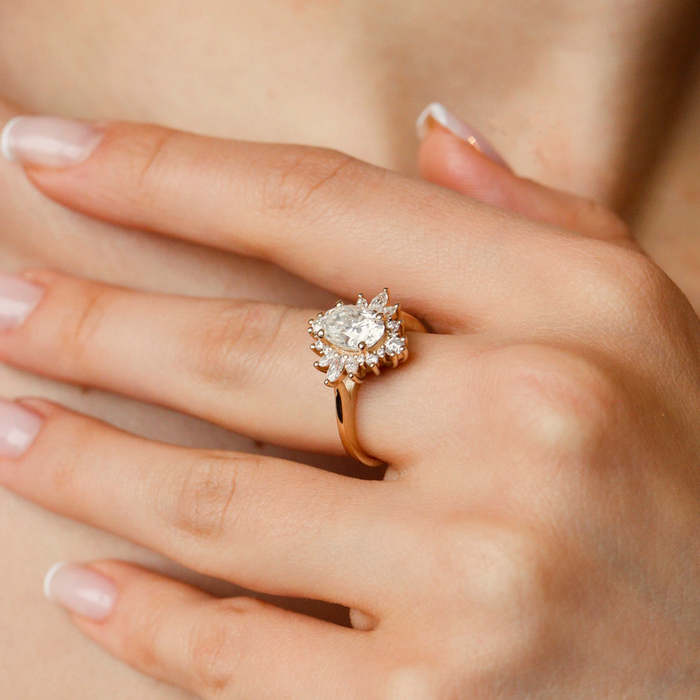 Oval cut moissanite crown cluster engagement ring in rose gold, view 2