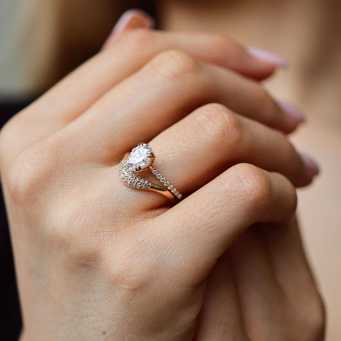 Oval cut moissanite double claw pave engagement ring in rose gold, view 2
