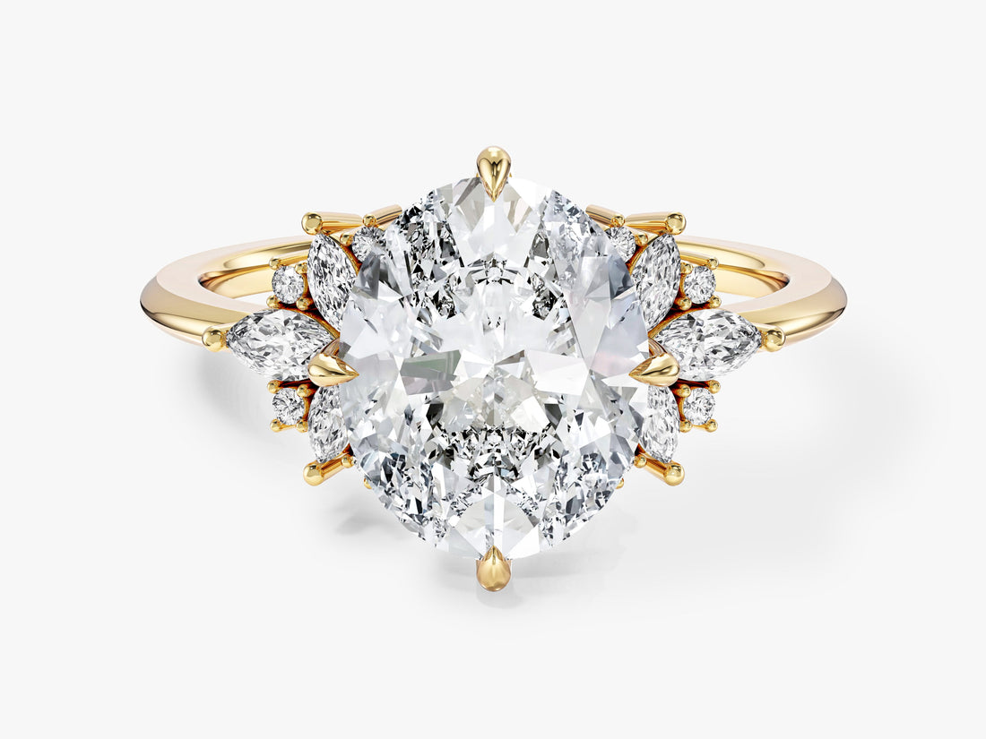Oval lab grown diamond floral cluster engagement ring with marquise petals in yellow gold, front view