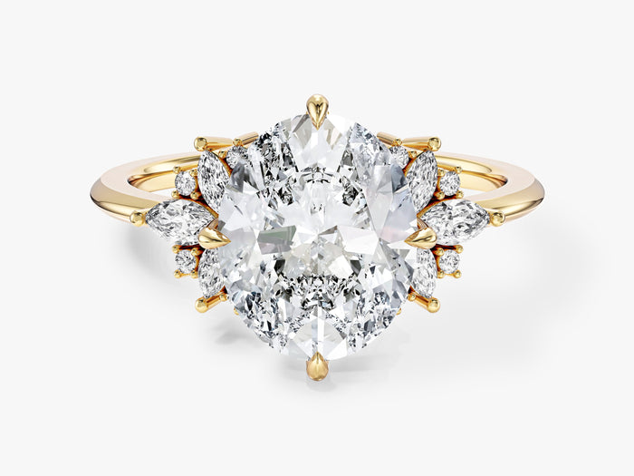 Oval lab grown diamond floral cluster engagement ring with marquise petals in yellow gold, front view
