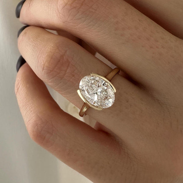 Oval Cut Moissanite Half Bezel Solitaire Engagement Ring in Silver, 10K, 14K and 18K Gold