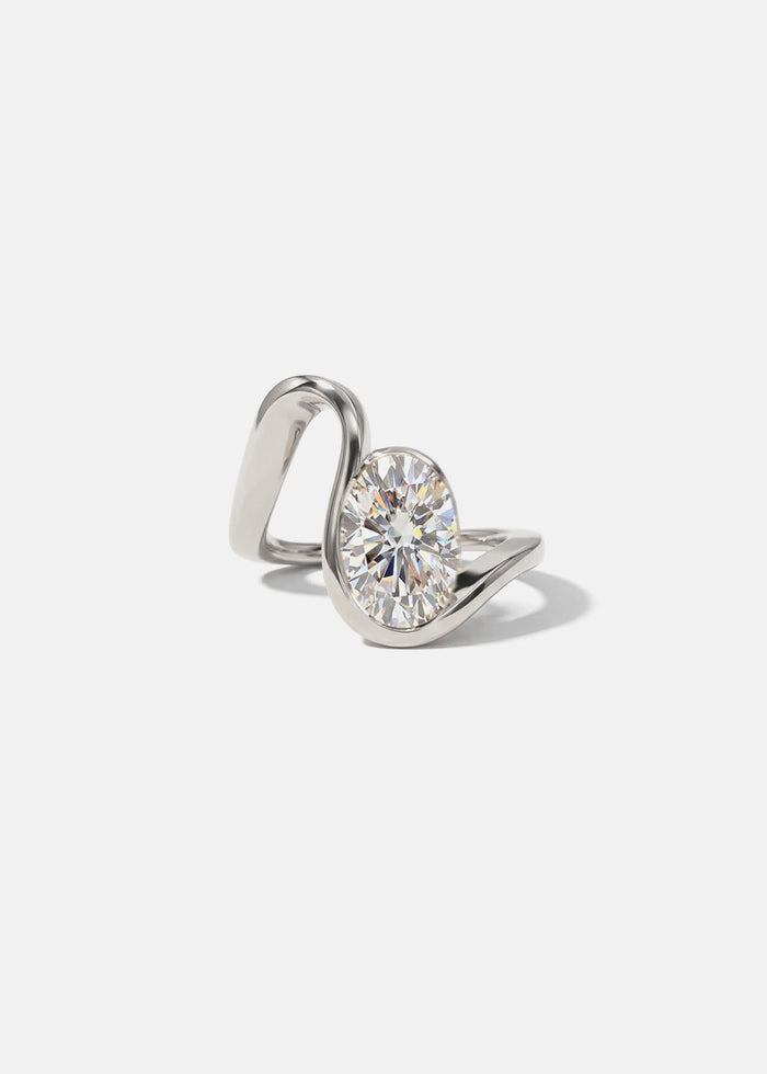 Oval cut moissanite open loop half bezel engagement ring in yellow gold, view 2