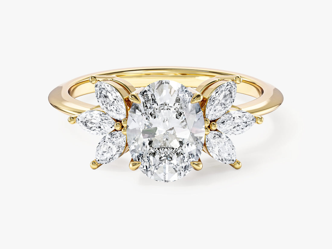 Oval lab grown diamond engagement ring with fanned marquise wing clusters in yellow gold, front view
