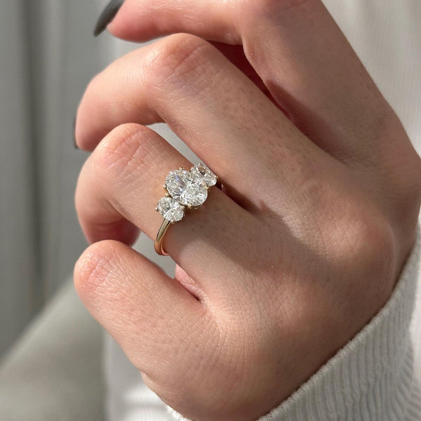 Oval Cut Moissanite Three Stone Engagement Ring with Oval Side Stones in Silver, 10K, 14K and 18K Gold