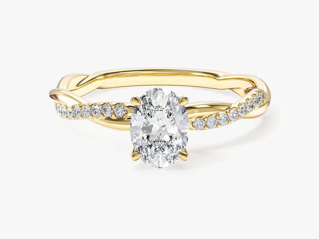 Oval lab grown diamond twist engagement ring with braided pave and plain band in yellow gold, front view