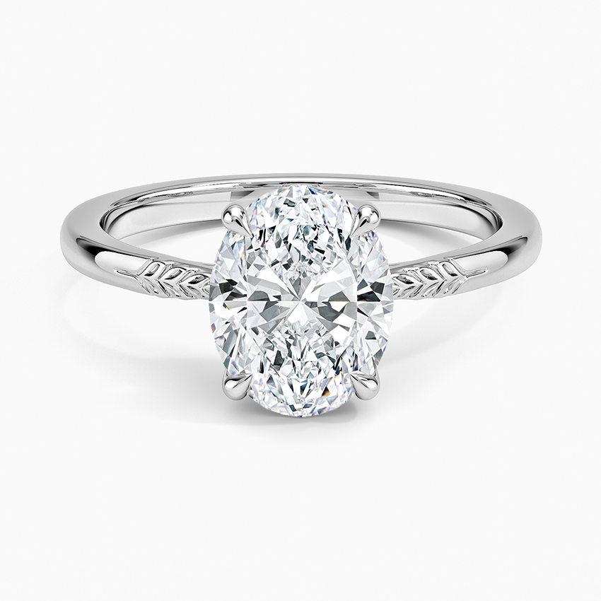 Oval moissanite engraved wheat shoulder solitaire in white gold, top view