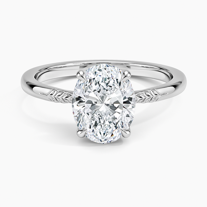Oval moissanite engraved wheat shoulder solitaire in white gold, top view