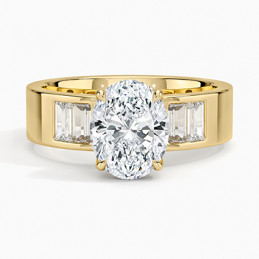 Oval moissanite wide flat band channel baguette ring in yellow gold, top view