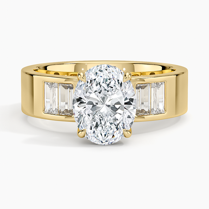 Oval moissanite wide flat band channel baguette ring in yellow gold, top view