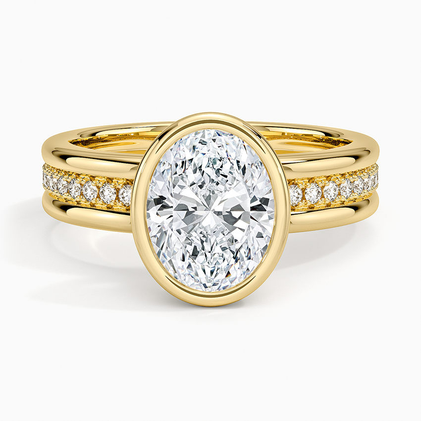 Bezel set oval moissanite double rail eternity pave ring in yellow gold, top view
