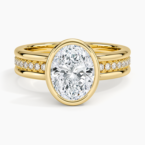 Bezel set oval moissanite double rail eternity pave ring in yellow gold, top view