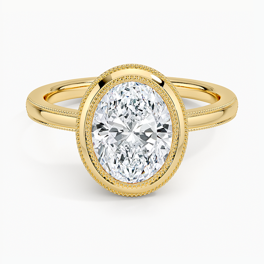 Oval moissanite double milgrain bezel vintage ring in yellow gold, top view