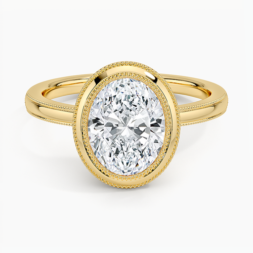 Oval moissanite double milgrain bezel vintage ring in yellow gold, top view