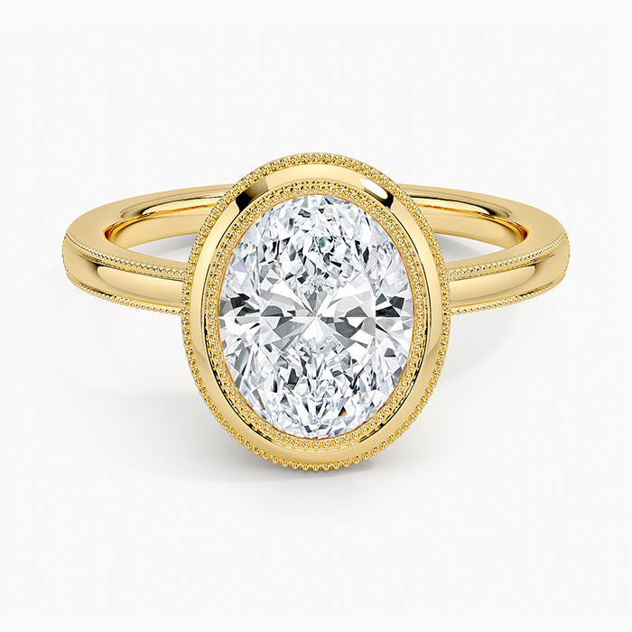 Oval moissanite double milgrain bezel vintage ring in yellow gold, top view