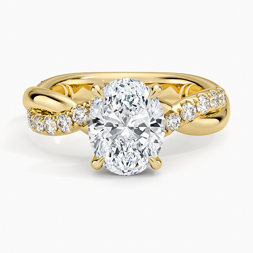 Oval moissanite entwined rope twist pave ring in yellow gold, top view