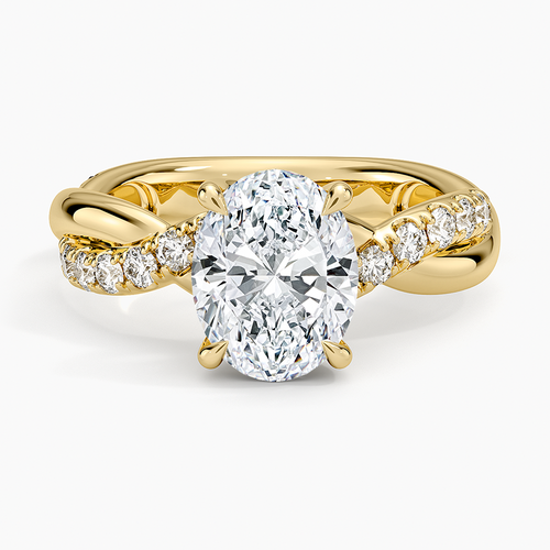 Oval moissanite entwined rope twist pave ring in yellow gold, top view