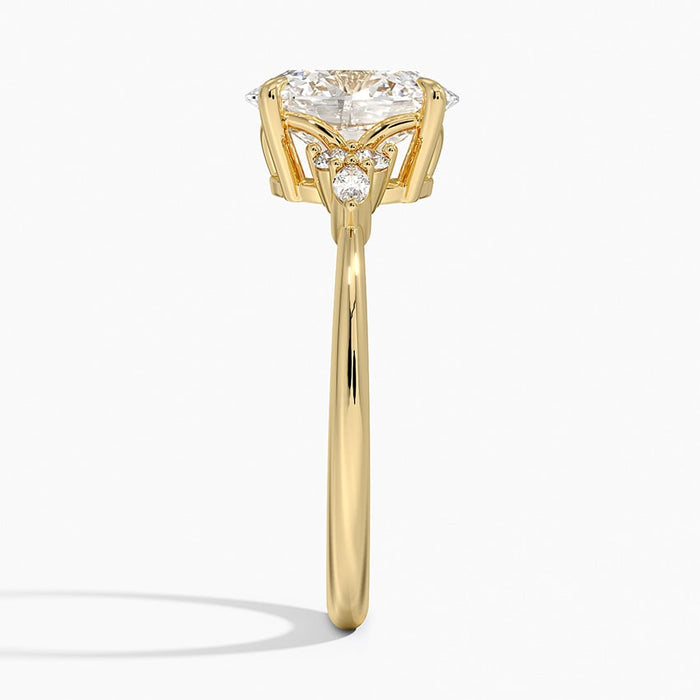 Rear view of oval moissanite ring showing open basket and slim polished band