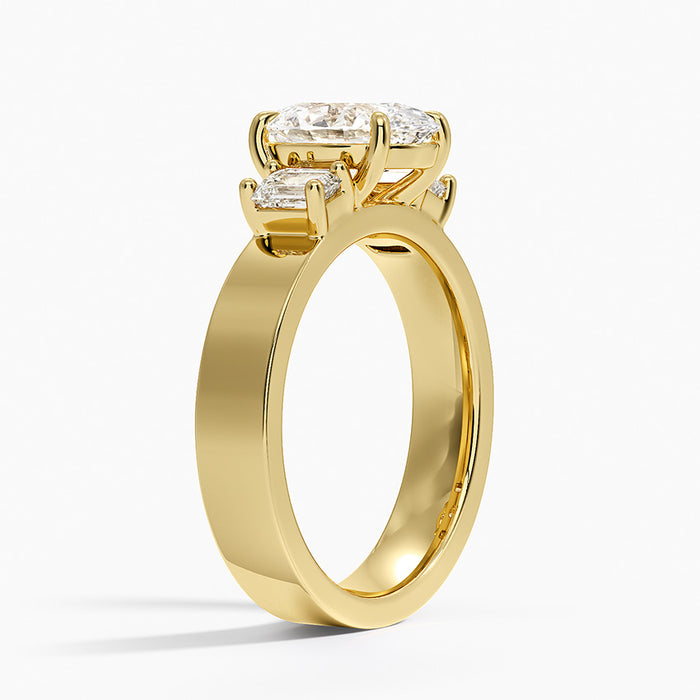 Side view showing the three stones above a 4 mm flat band