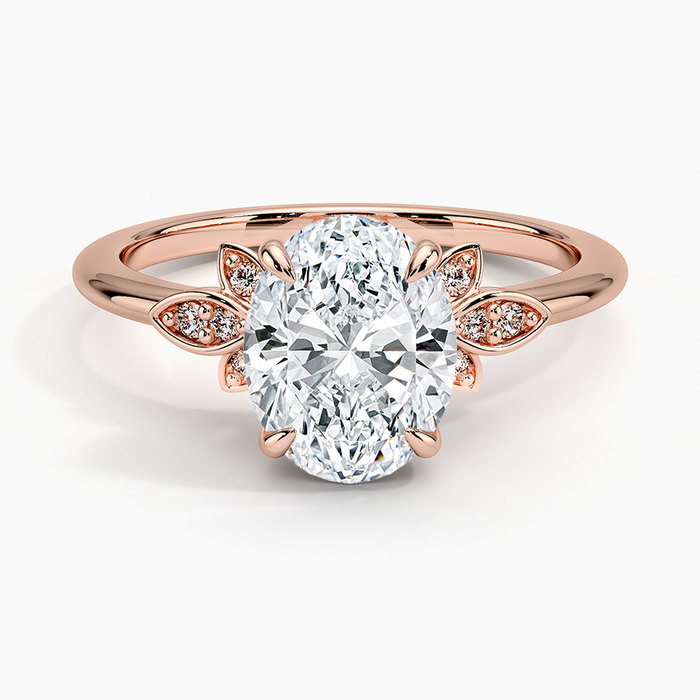 Oval moissanite with marquise leaf clusters in rose gold, top view