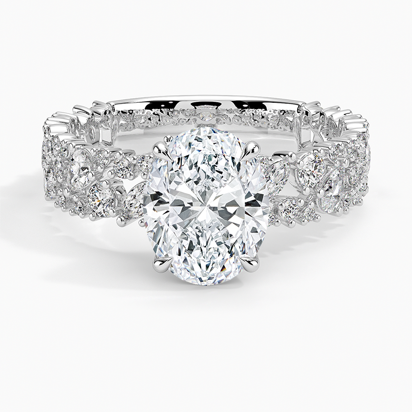 Oval moissanite on a wide marquise cluster band in white gold, top view